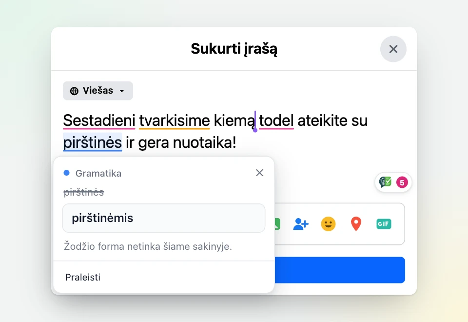 Įrašo socialiniame tinkle rašymo lange paspaustas pabrauktas žodis „pirštinės“: kortelėje siūloma forma „pirštinėmis“ ir trumpai paaiškinta, kodėl.