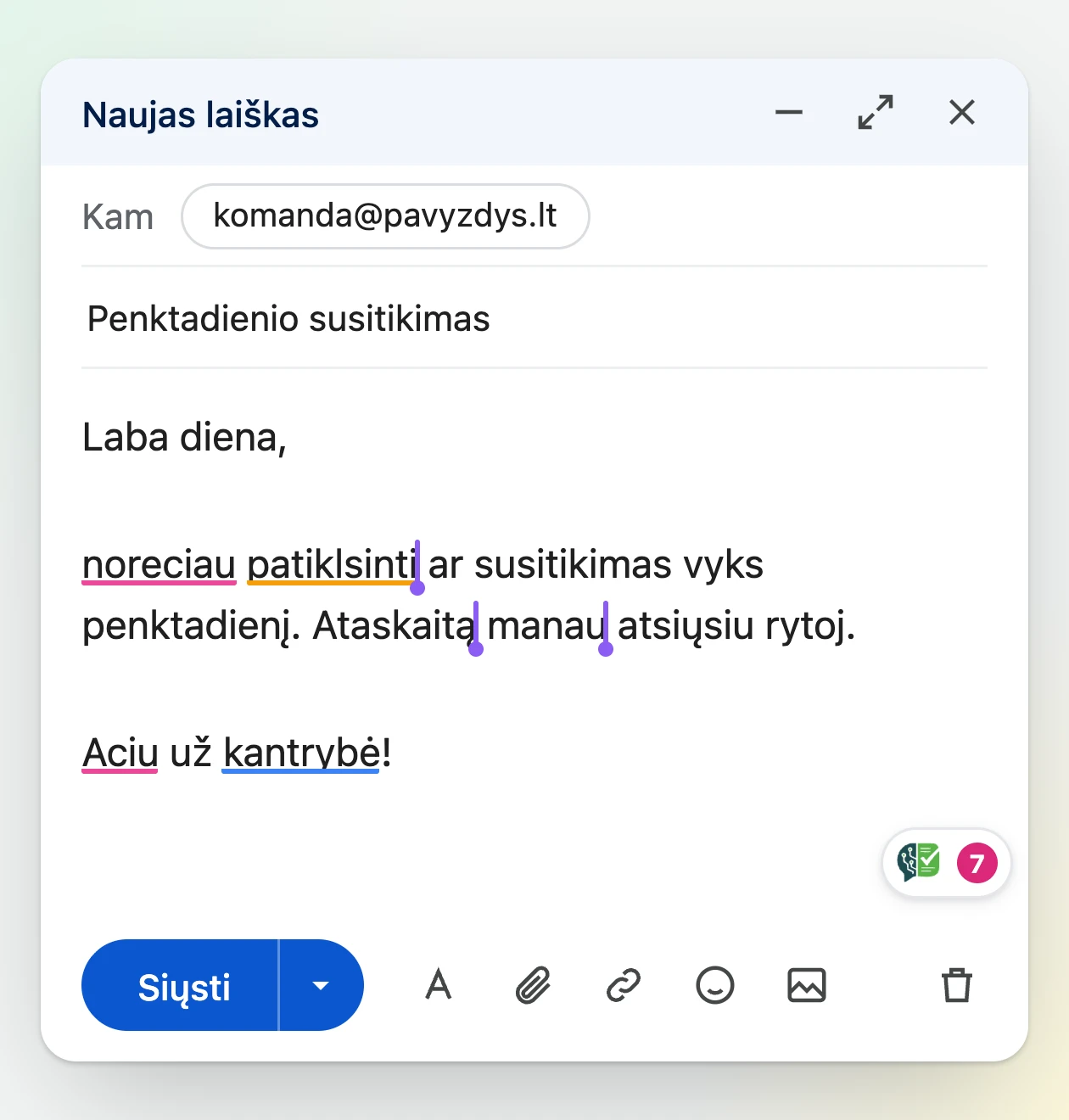 Laiško rašymo lange klaidos pabrauktos keturiomis spalvomis, o lauko kampe Zodly ženklelis rodo, kiek rasta pastabų.