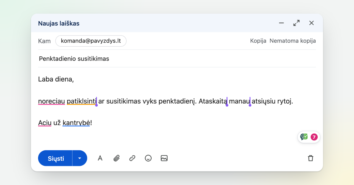 Laiško rašymo lange klaidos pabrauktos keturiomis spalvomis, o lauko kampe Zodly ženklelis rodo, kiek rasta pastabų.