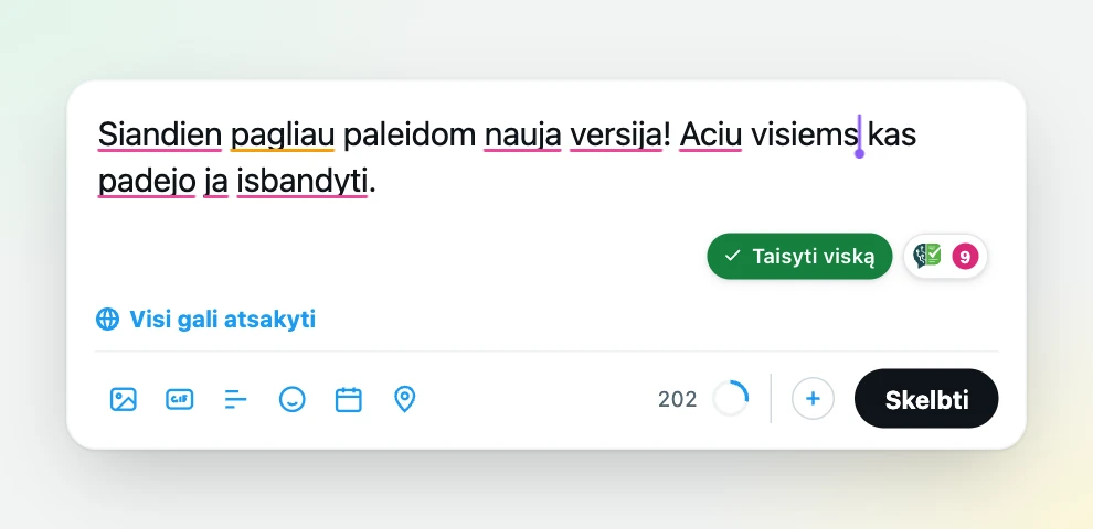 Trumpo įrašo lauke su simbolių skaitikliu pabrauktos kelios klaidos, o šalia Zodly ženklelio rodomas žalias mygtukas „Taisyti viską“.
