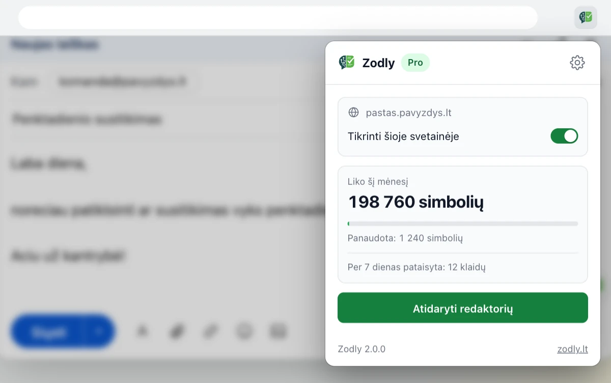 Zodly plėtinio langas: plano žyma, jungiklis „Tikrinti šioje svetainėje“, likusių simbolių skaičius ir mygtukas „Atidaryti redaktorių“.